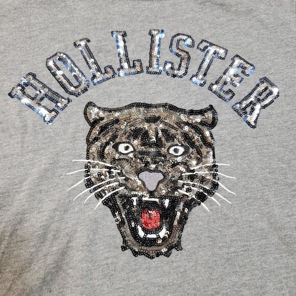 Hollister Crop SS Tee Sequin Logo & Tiger Grey - Size Small Slim - Picture 1 of 5